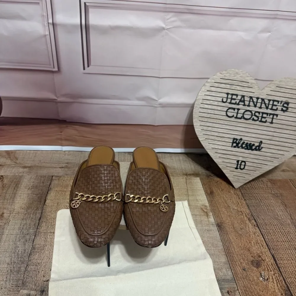 TORY BURCH MINI BENTON WOVEN LEATHER LOAFER IN MOOSE SLIDES MULES SIZE 6.5